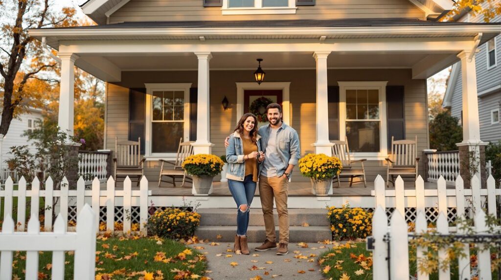 Man and woman standing in front of Michigan home in the fall.