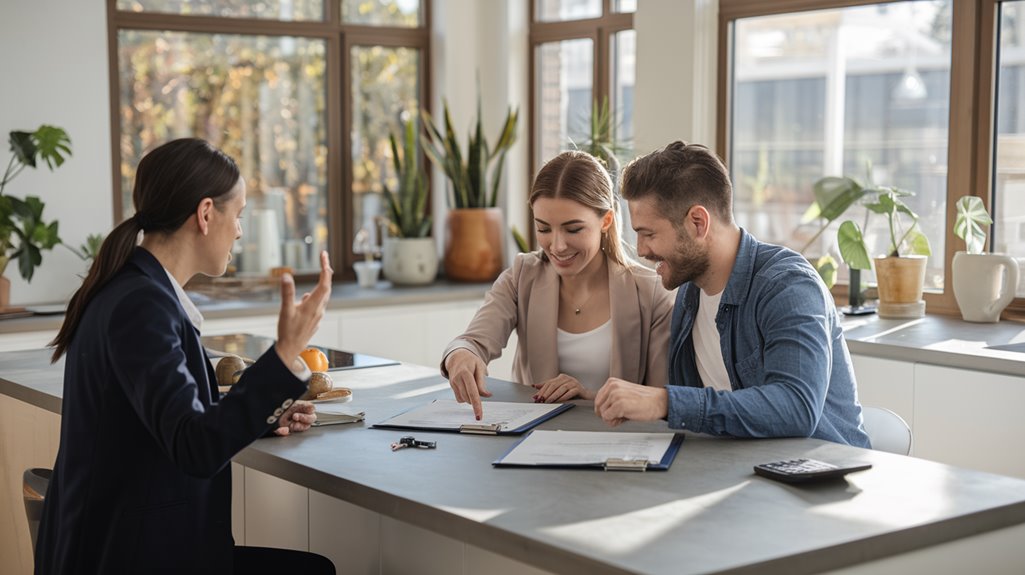 man and woman are signing documents with a professional woman watching.