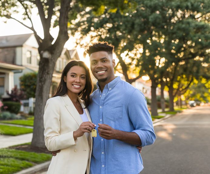 Young couple standing in street in front of home they just bought
